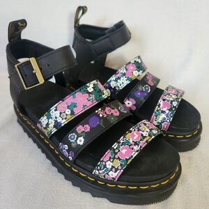 Dr. Martens Black and Pink Chunky Floral Blaire Sandals